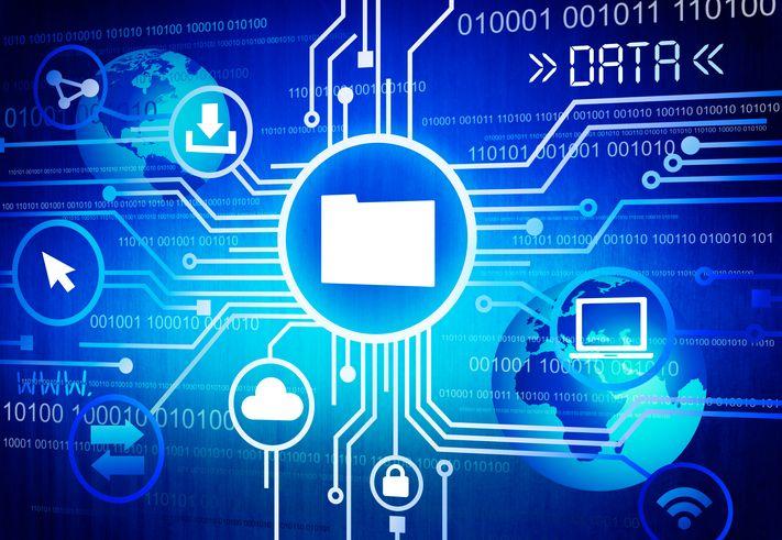 Digital network concept with file icon connected to symbols representing data, cloud, and global connectivity.