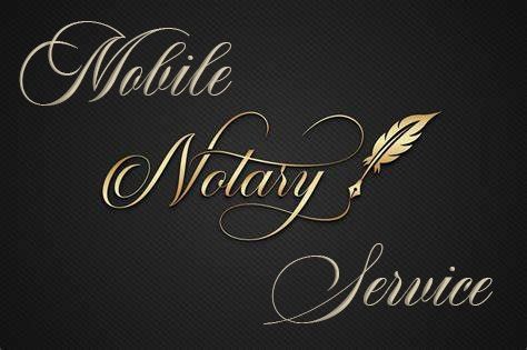 Elegant 'Mobile Notary Service' text with a feather quill graphic on a dark background.