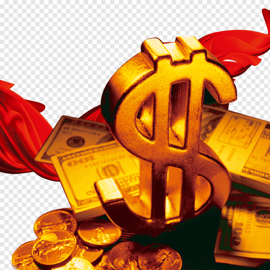 Golden dollar sign with stacks of dollar bills and coins in the background, along with red ribbons.